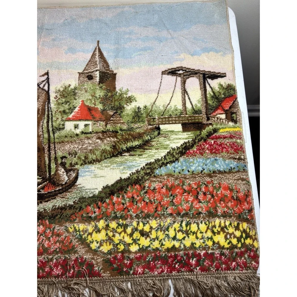 Vintage Dutch Waterways River Wall Tapestry Rug Art Windmill Tulip Fields 25x43